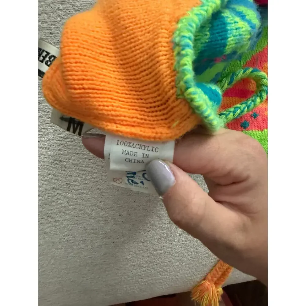 VTG 80s Obermeyer Kids Trapper Hat Beanies Neon Earflap Hat Tassle Preschool (2)
